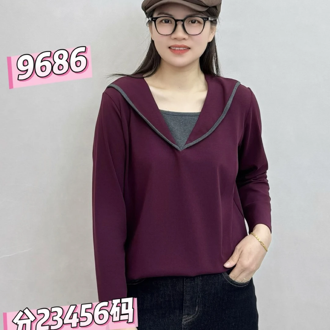 彩衣蝶撞色荷叶领娃娃领百搭减龄女上衣9686
