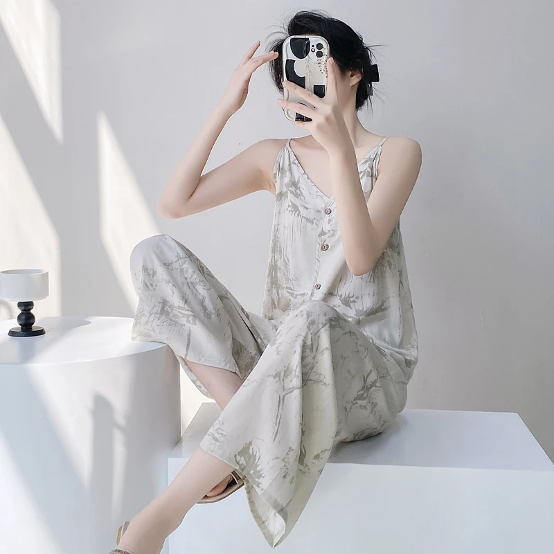 新中式睡衣女夏季吊带长裤两件套薄款家居服开衫夏天棉绸凉感宽松