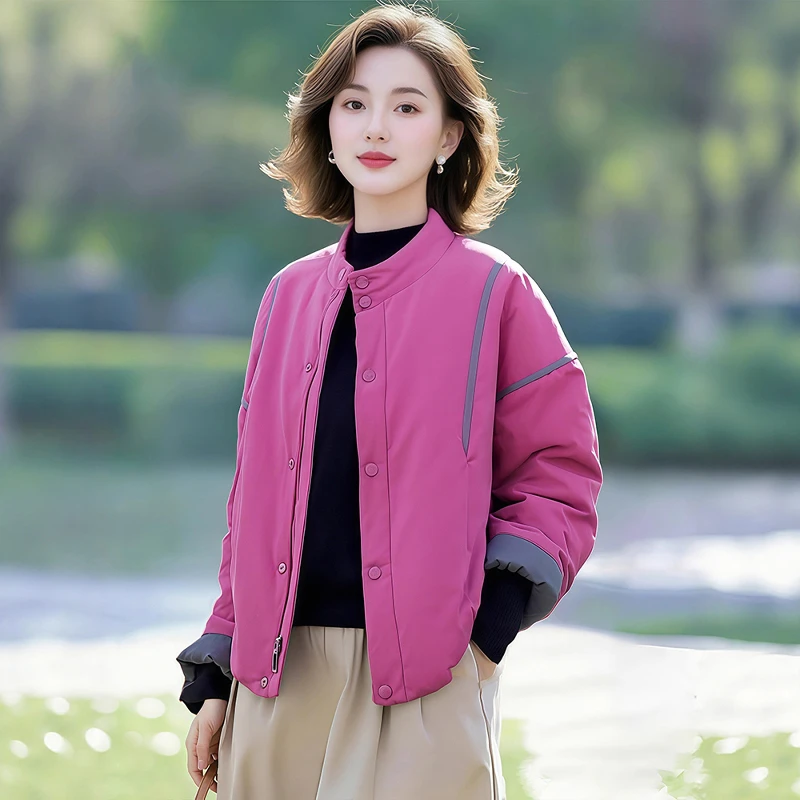 2025秋冬季时尚百搭休闲撞色气质拼接棉衣宽松立领韩版显瘦棉服女