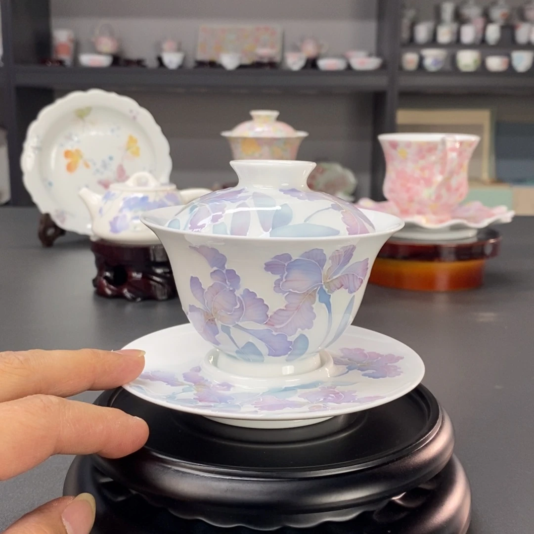 鸢尾花盖碗釉下手绘高温