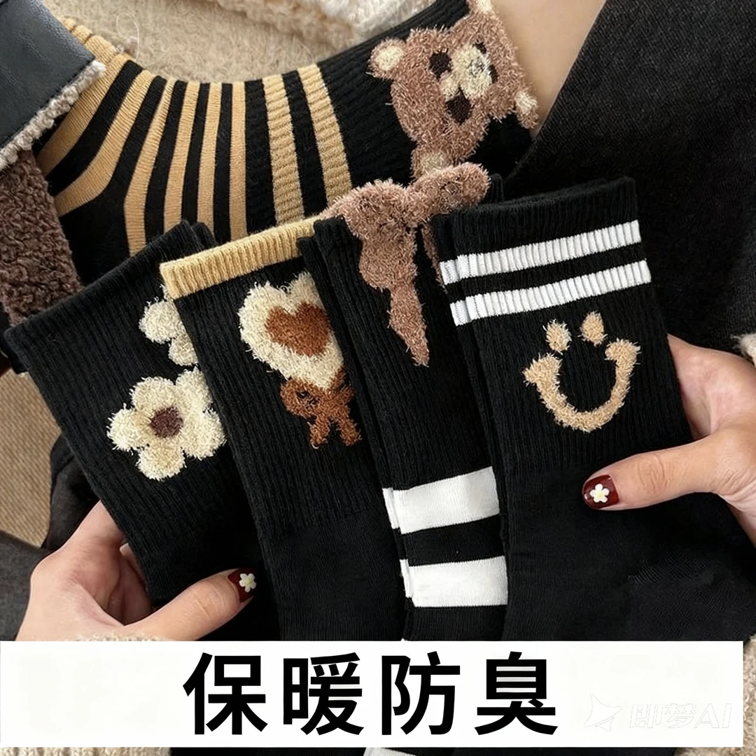 秋冬款女生羽毛纱加厚中筒袜复古风笑脸保暖防臭长袜百搭学生袜子