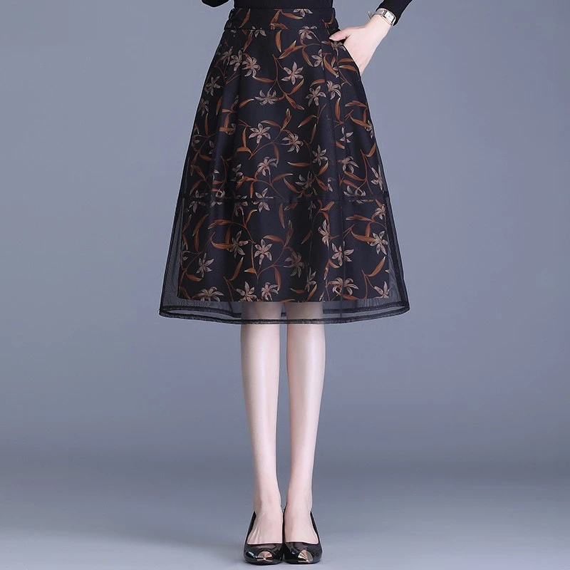 050-080网纱半身裙女秋季2025新款高腰显瘦大摆裙百褶A字裙中长款