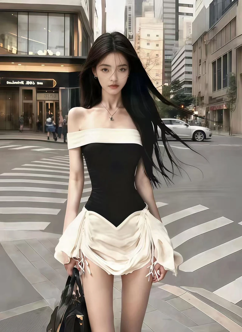 韩版时尚纯欲显瘦气质名媛撞色一字肩露肩抹胸拼接设计感连衣裙