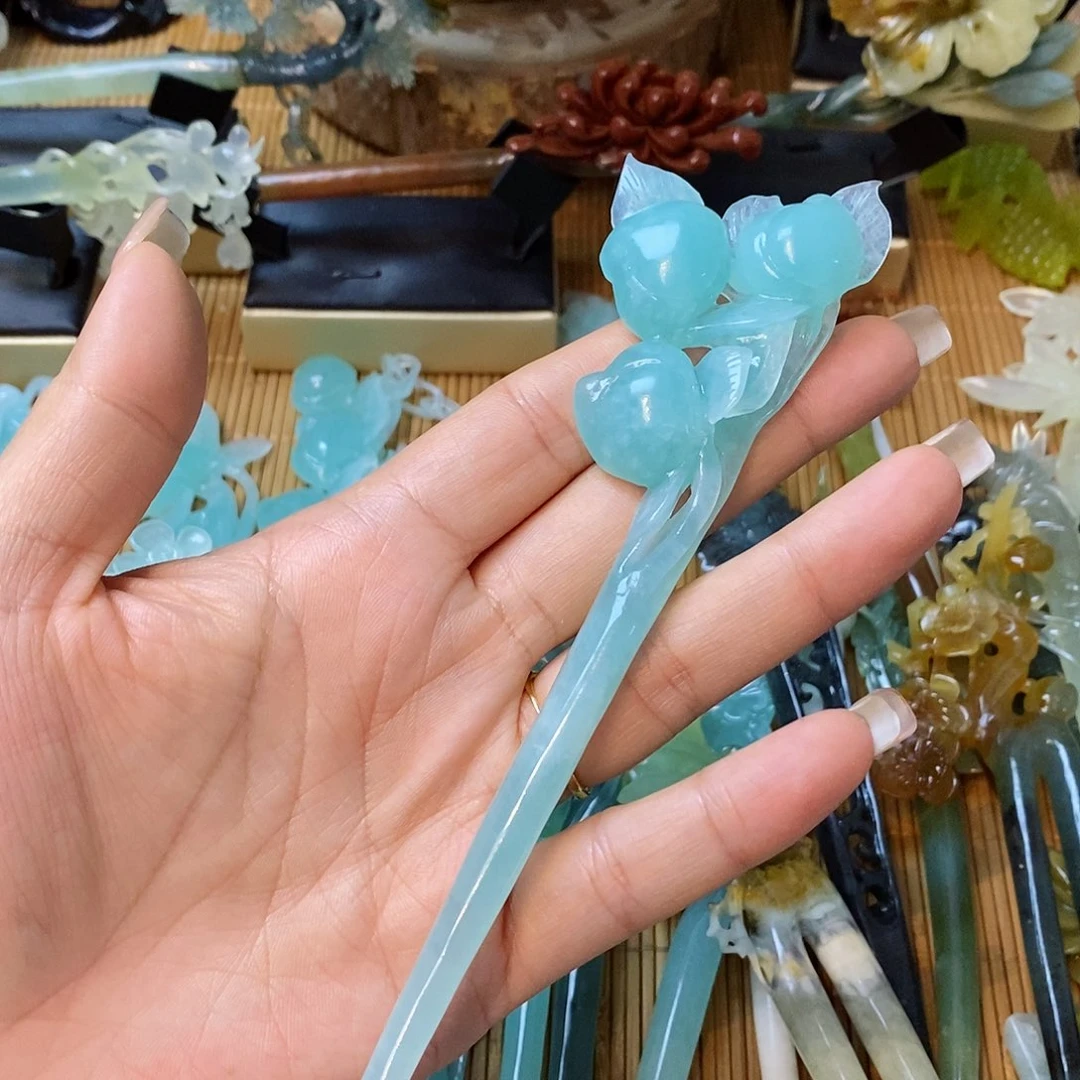 蛇纹石玉发簪未镶嵌素**心