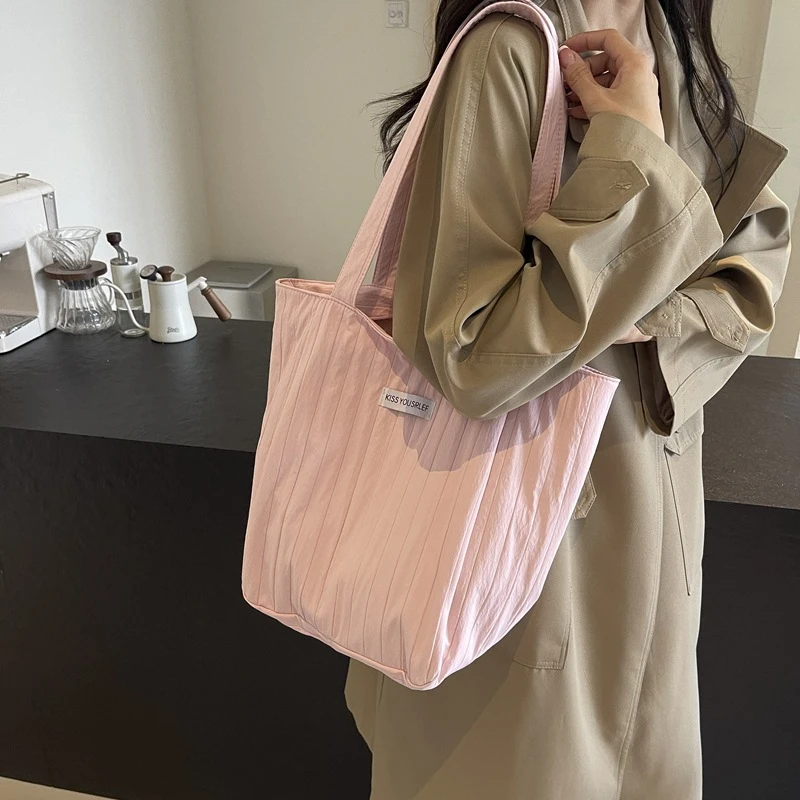 ins大容量托特包女2024新款夏季条纹车缝线日系简约单肩包休闲包