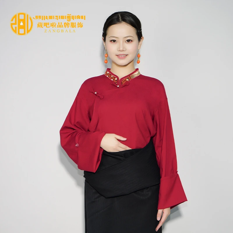 藏吧啦女士V领落肩袖衬衣长袖衬衫藏袍内搭上衣藏装服饰