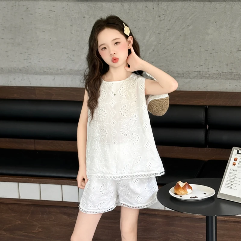 女童蕾丝套装甜美淑女2025新款6-12女孩高级感穿搭无袖两件套短裤