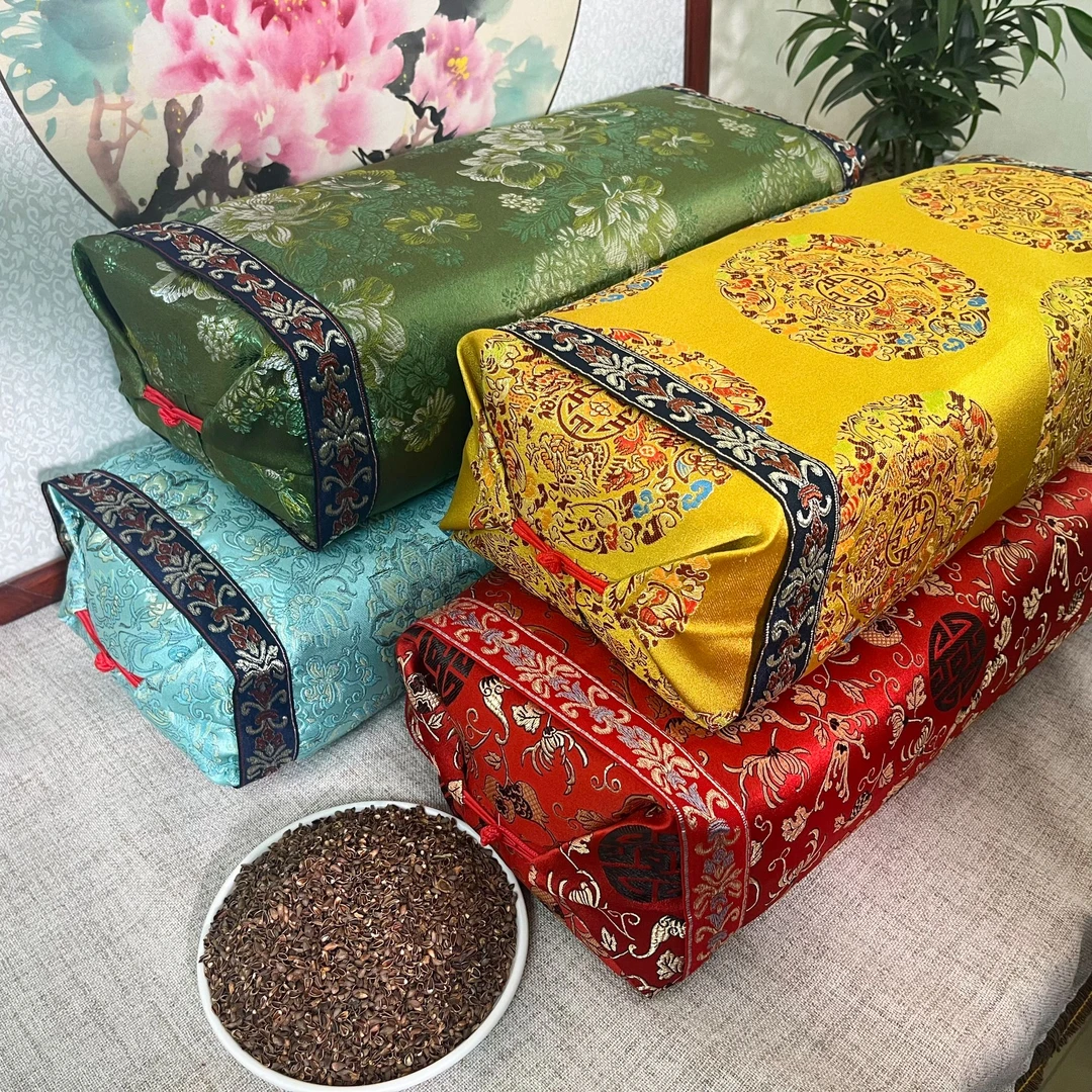 【柏籽壳锦缎盘扣枕】高度8-10厘米款高度可调节 颈椎睡眠枕 防尘内