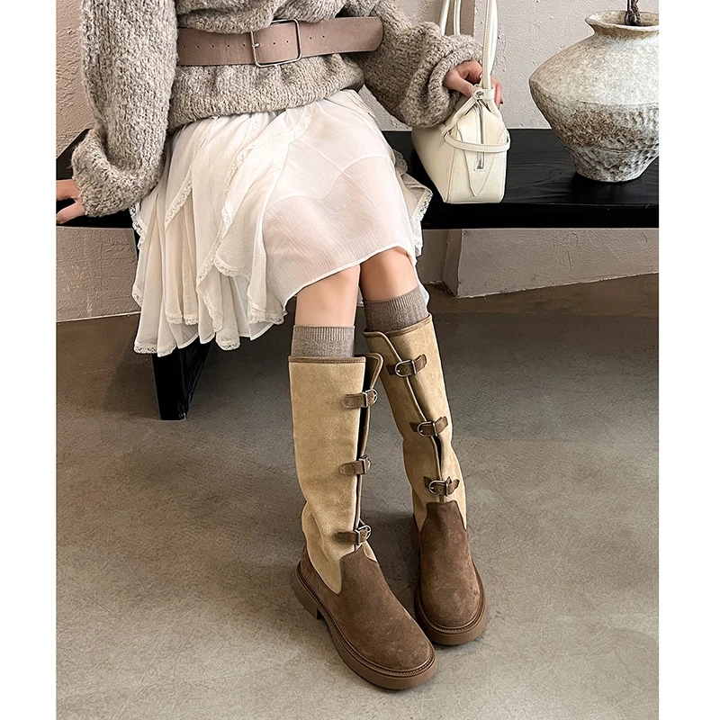 4cm/牛皮/长靴骑士秋冬中筒马丁靴美拉德风靴子时装靴厚底