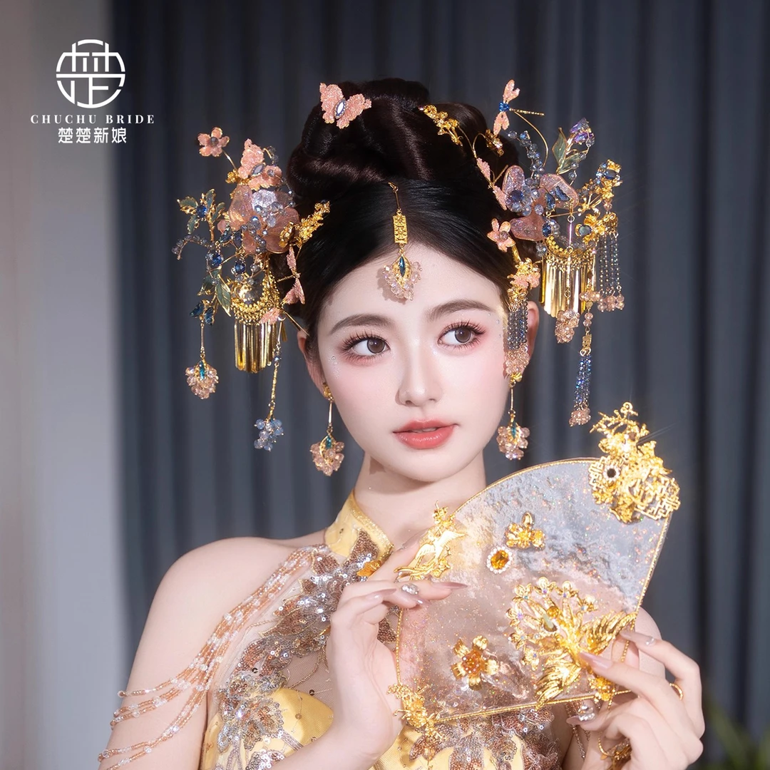 新中式新娘秀禾步摇色头饰龙凤褂汉服旗袍蝴蝶花朵发饰眉心坠配饰