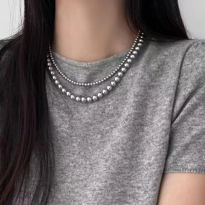 钛钢仿珍珠项链 1053施家银灰色白色珍珠项链女款2024新款锁骨链