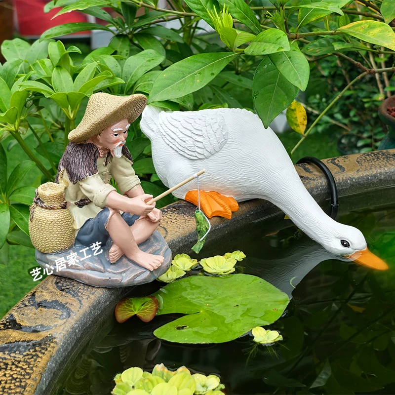 喝水鸭子庭院鱼池水池古法鱼缸花园假山造景装饰品花园造景微景观