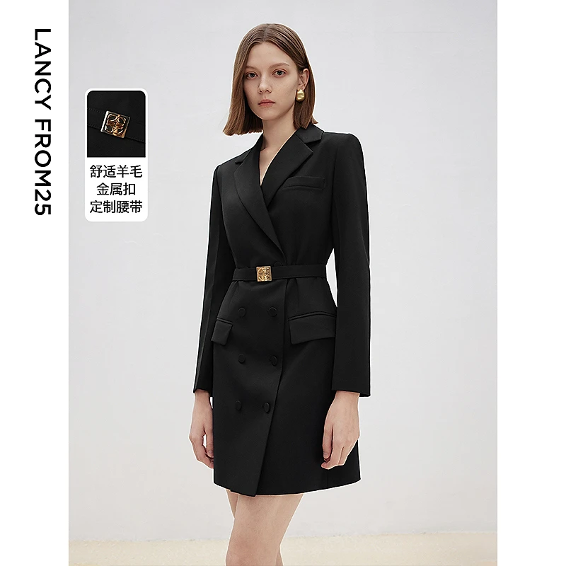 朗姿纯羊毛法式高级感黑色连衣裙2025春季新款长袖收腰修身连衣裙