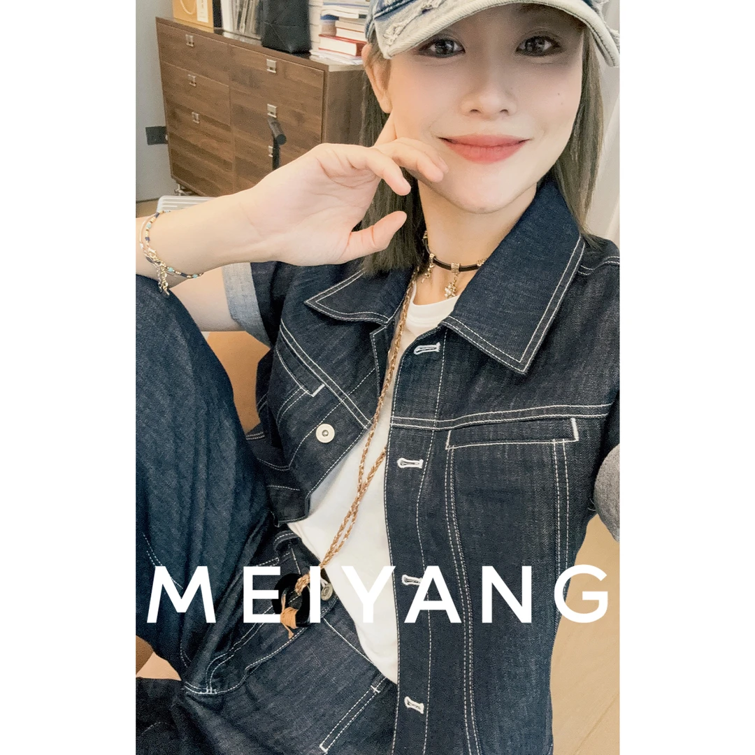 A美洋MEIYANG 夜幕线短袖外套 青春代名词！翻领排扣牛仔上衣-周二
