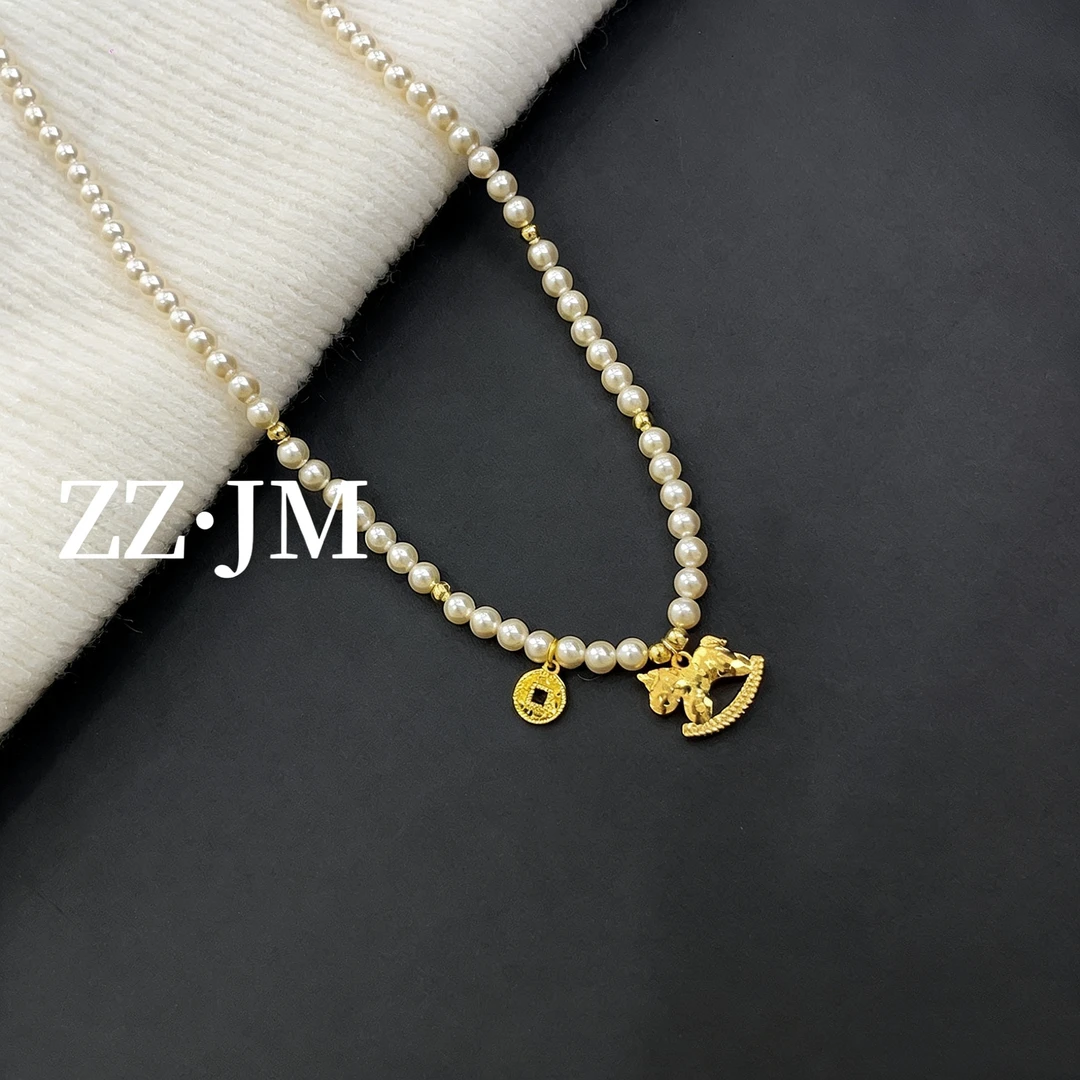 钛钢仿珍珠项链  （碎冰冰小马吊坠）女款轻奢新中式手工