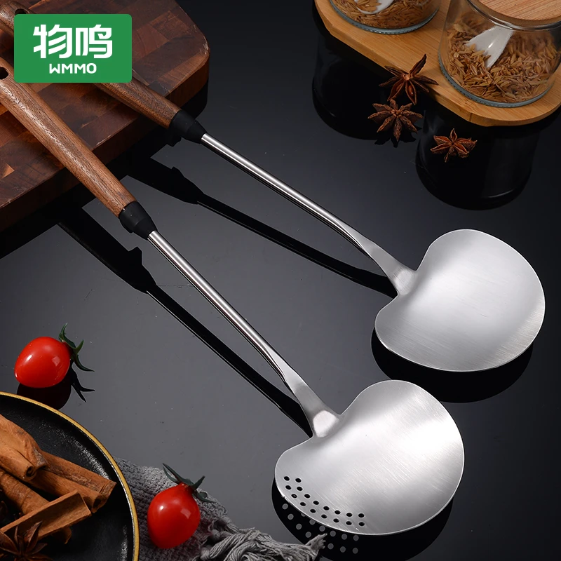 物鸣不锈钢胡桃木蘑菇铲厨房锅铲家用长柄防烫菜铲加厚炒铲炒菜勺