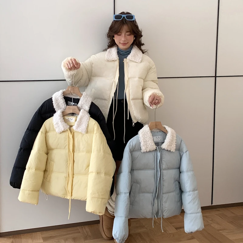 保暖宽松加绒棉服短款厚款宽松型翻领韩版加厚棉衣外套冬季拼接