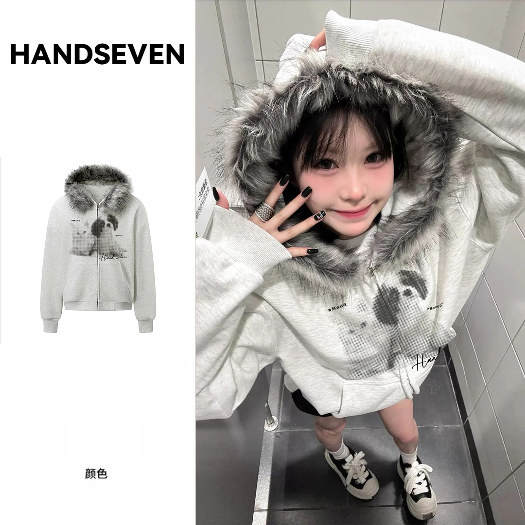 HandSeven春秋国潮“波点猫狗”毛领拉链卫衣印花连帽开衫卫衣男女
