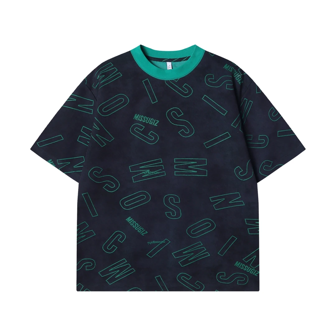 夏季高级感新款潮牌满印字母磨毛圆领短袖T恤休闲情侣宽松上衣