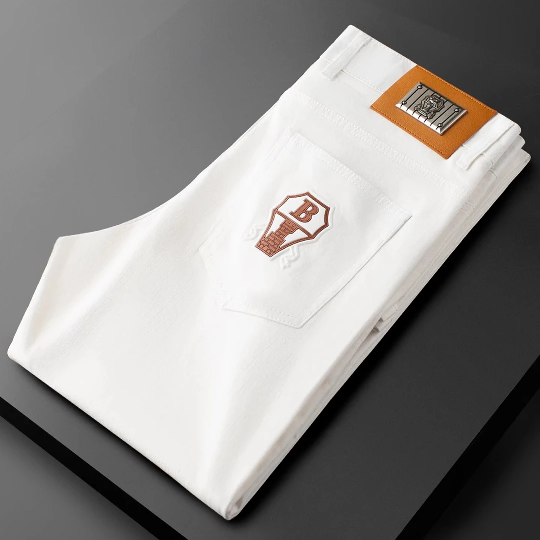 吉伦略索轻奢夏季薄款男士牛仔裤弹力白色修身小直筒百搭休闲裤子