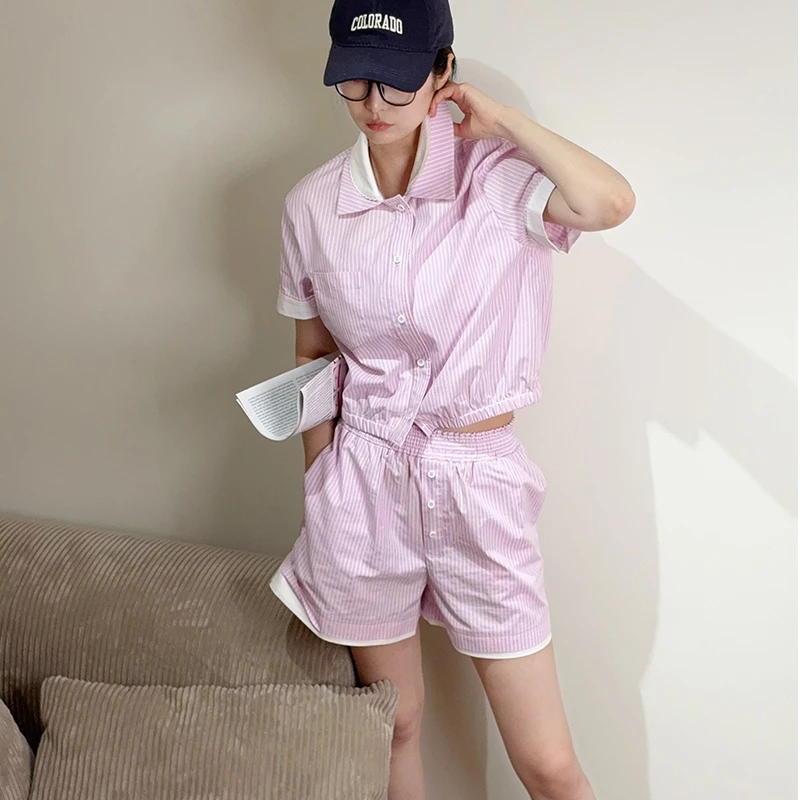 芭蕾粉娃娃领短袖叠穿条纹衬衫套装 送同款条纹头巾