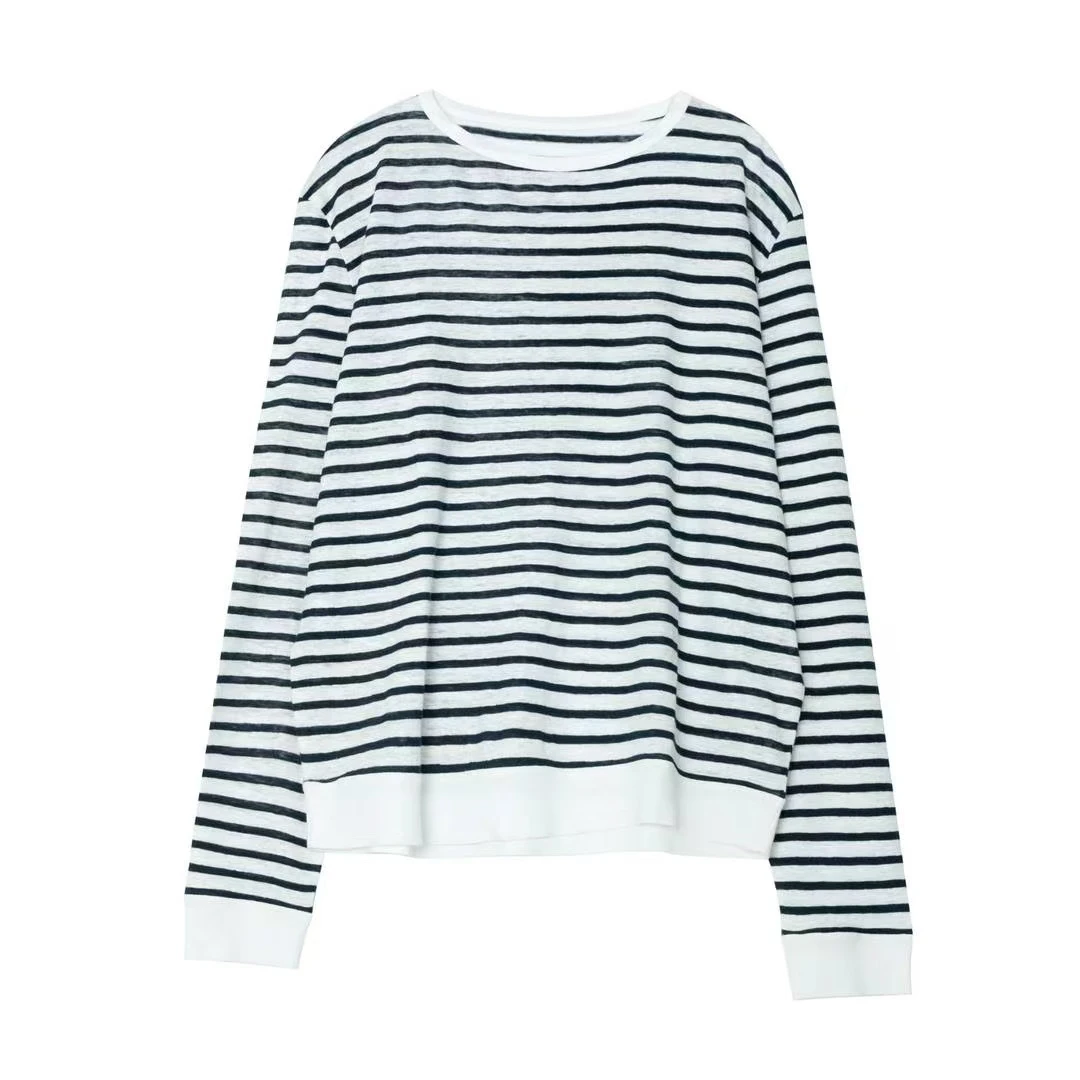 「小岛微风 」天然亚麻横条圆领套头长袖