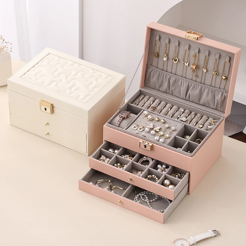 首饰盒/箱 大容量饰品首家用带锁间棉首饰盒收纳盒圣诞节礼物