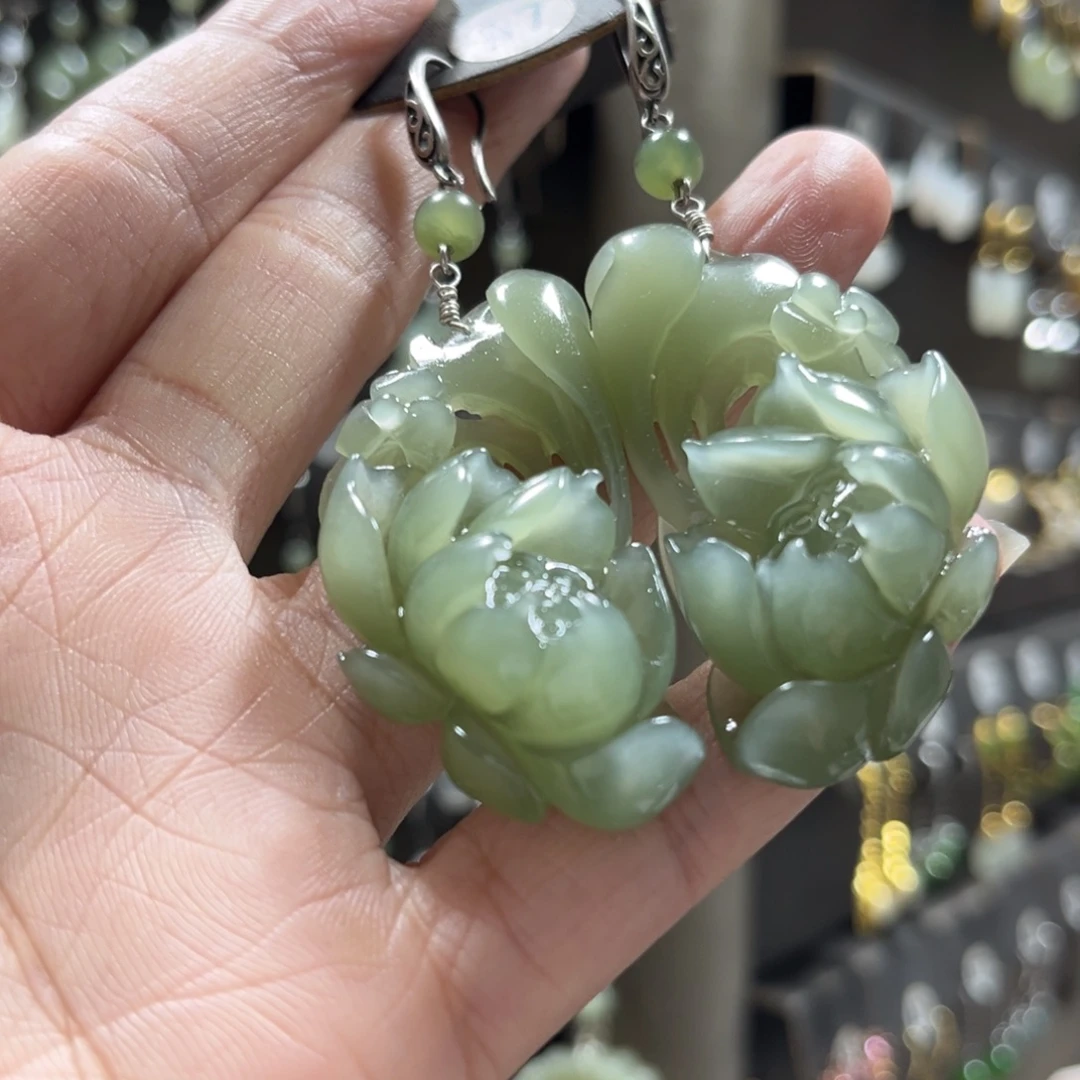 难***梦和田玉银S925镶嵌耳饰