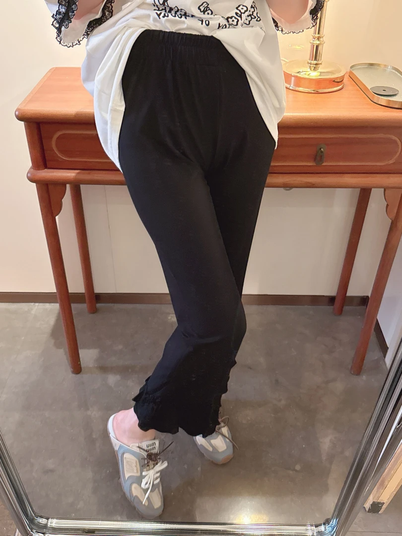 【张静芝】木耳花边拼接黑色松紧腰休闲裤