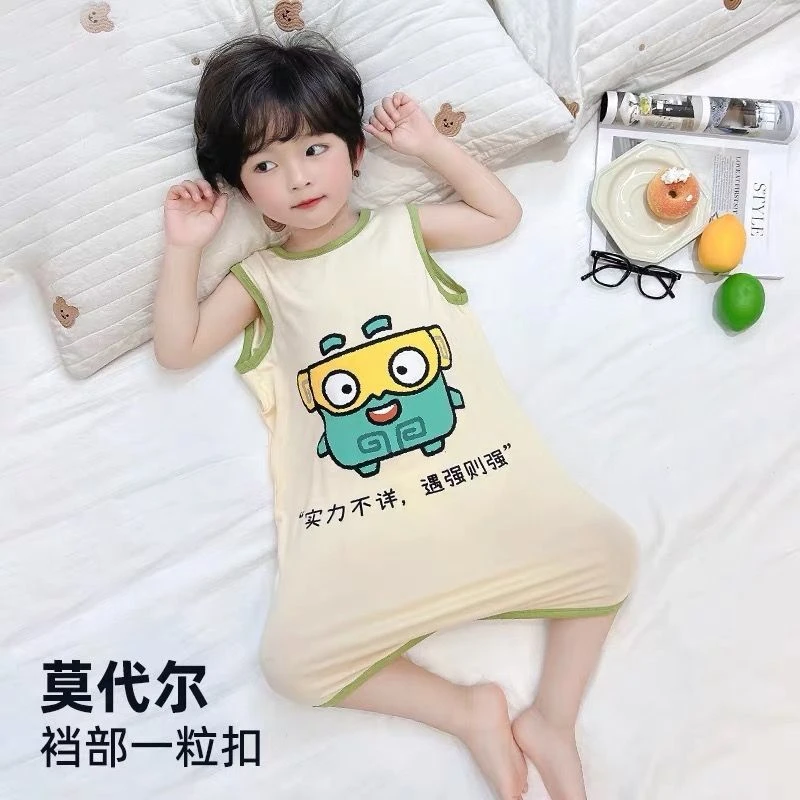 儿童莫代尔连体睡衣夏季男童无袖防踢被睡袋女宝宝空调家居服睡裙