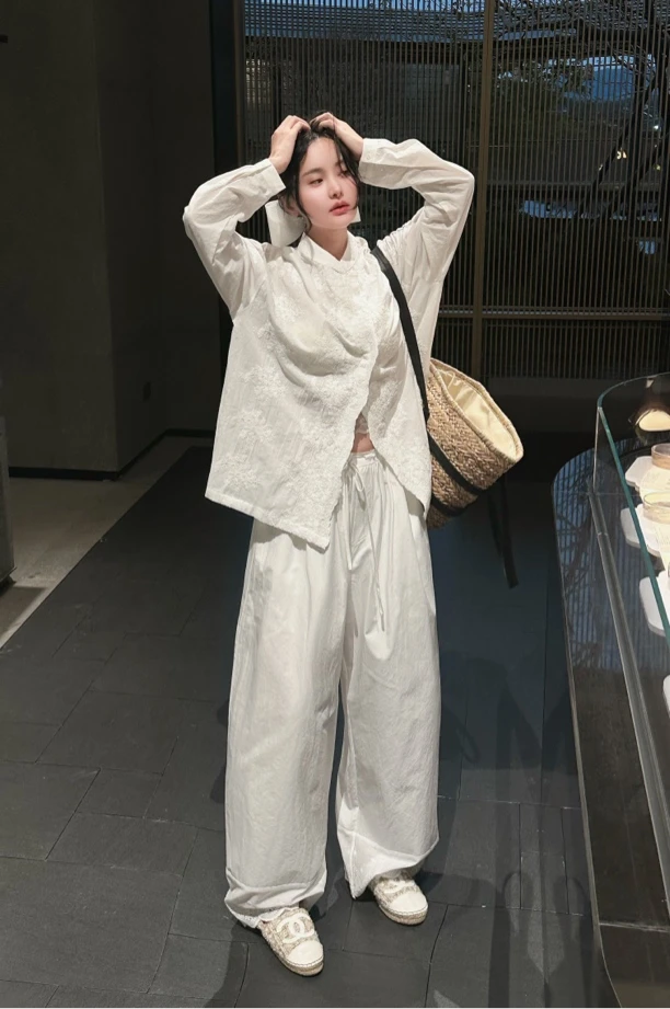 LILULU 无痕腰头 小花边系带抽绳花边阔腿裤简约直筒高腰紧腰纯色