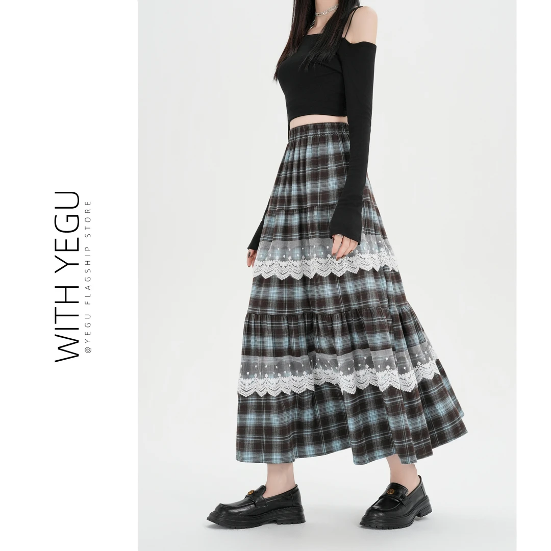 复古撞色格子半身裙女春夏秋季高腰a字伞裙中长款蕾丝拼接蛋糕裙