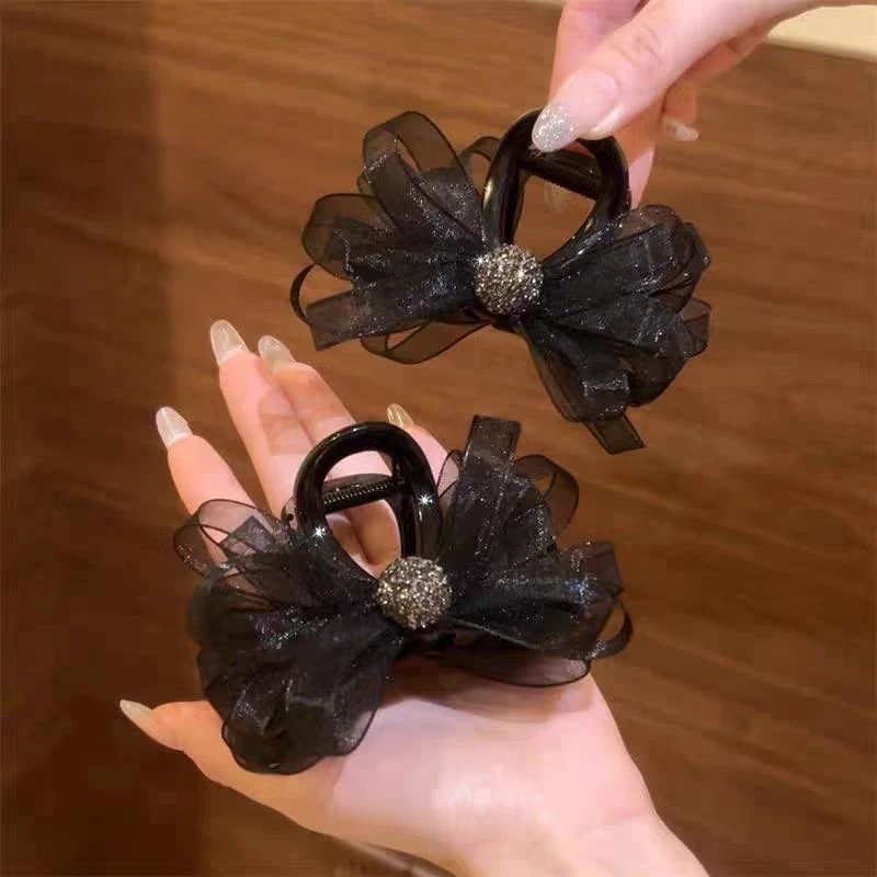 高级感黑色网纱蝴蝶结中号抓夹女2025新款发夹子后脑勺半扎发发卡