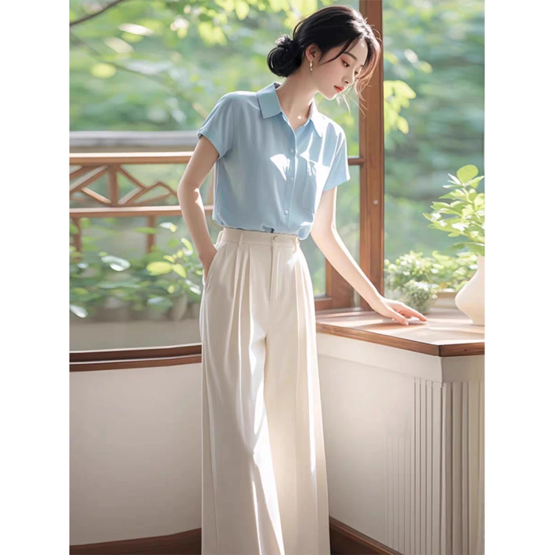 夏装穿搭一整套女2025高级感干练气质衬衫休闲阔腿裤两件时尚套装