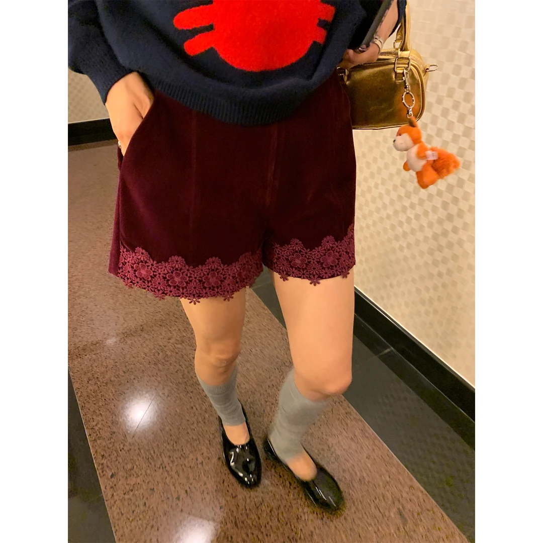 落落狷介2025年超火的裤子小个子早秋短款阔腿裤设计感小众酒红色