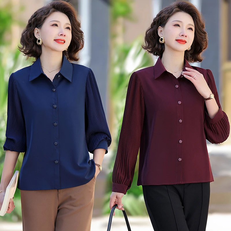 春秋装中年妈妈装衬衫长袖纯色新款中老年女装宽松薄款衬衣上衣服