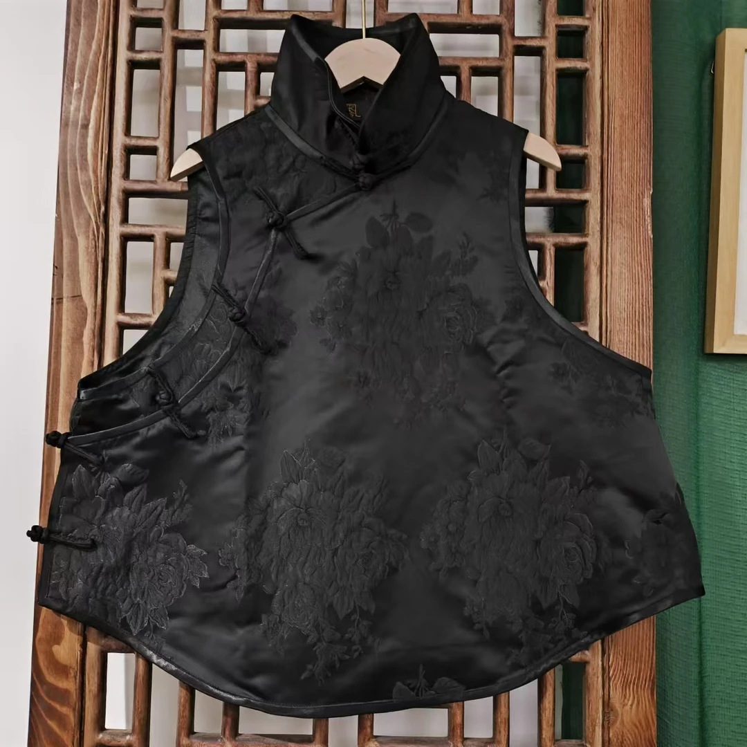 凤徕兮私人定制黑底牡丹暗纹花盆领盘扣马甲（HM10101）