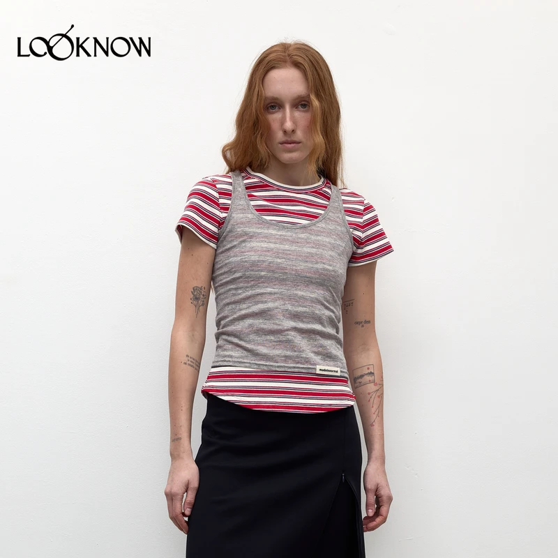 madeinormal LOOKNOW2025年春季新款红白条纹真两件T恤【达人】