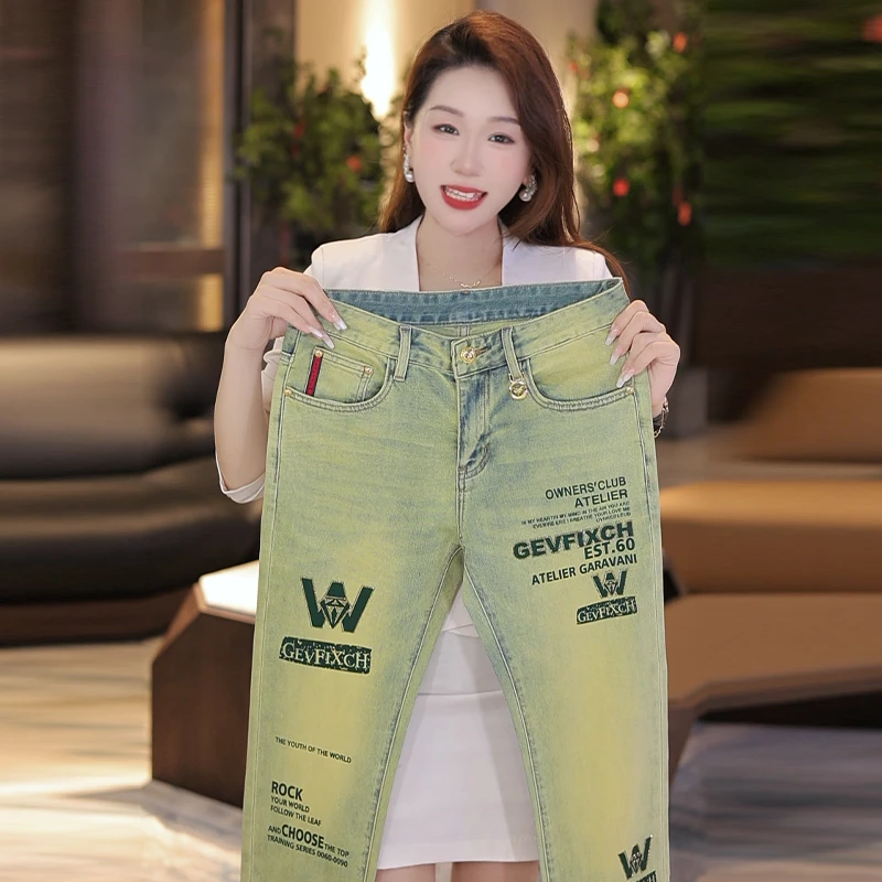 夏季新款男士烫钻牛仔裤时尚潮流印刷工艺修身弹力百搭裤子男显高