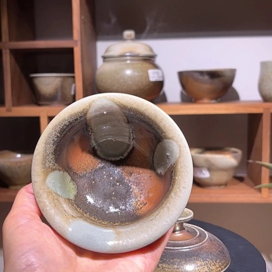 #677柴烧裸烧窑汗盖碗紫红彩