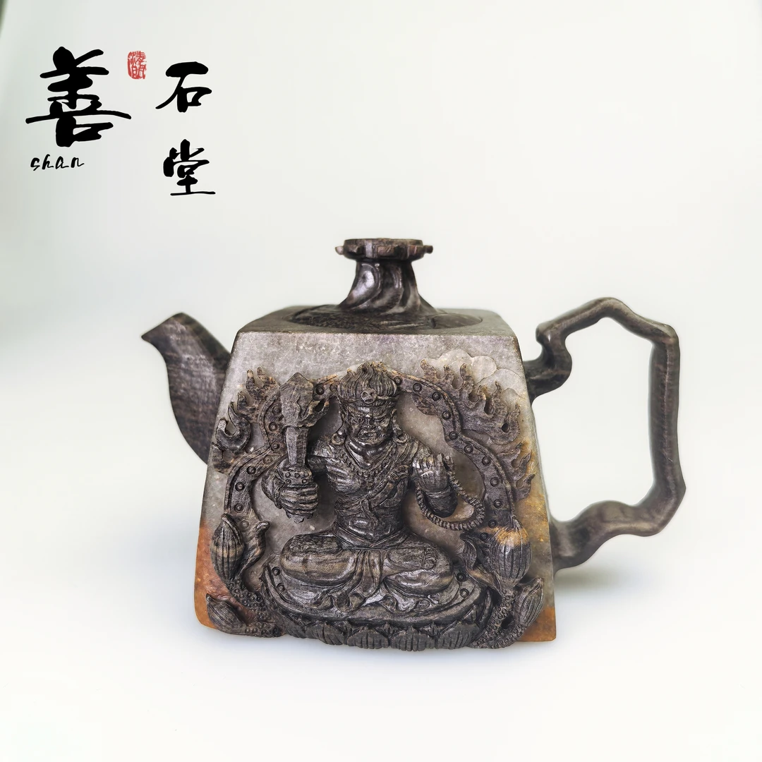 【不动明王280cc】天然冰碛岩手工石头茶壶晶体随型俏色雕刻壶