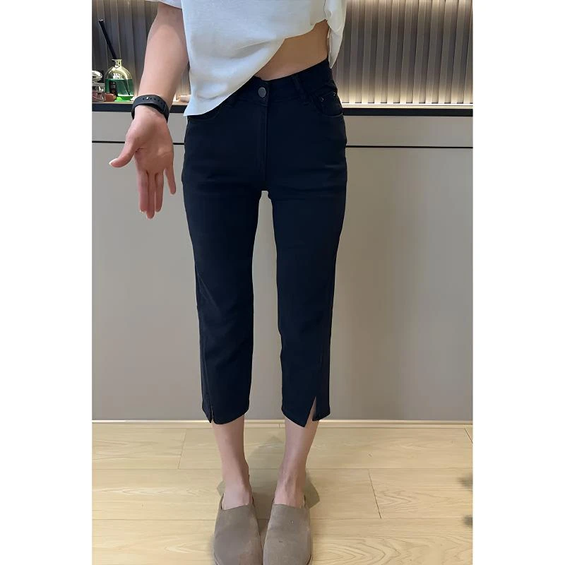 大码小个子高腰弹力显瘦烟管裤女2025秋季新款百搭直筒开叉牛仔裤