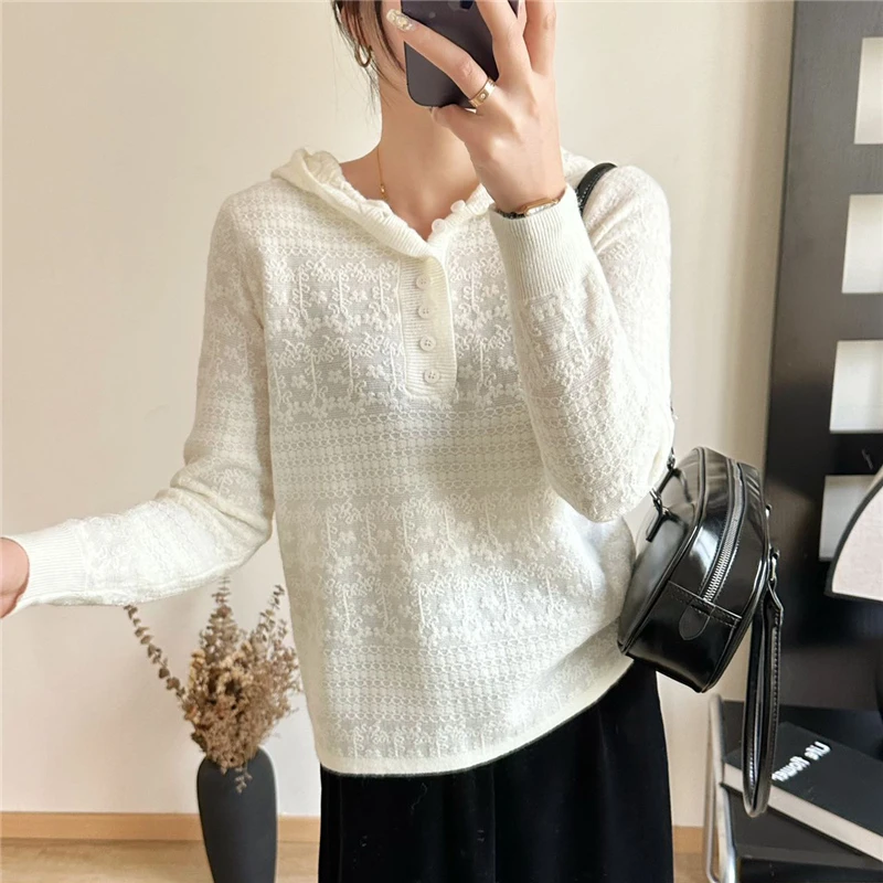 春装纯色连帽纽扣套头针织衫