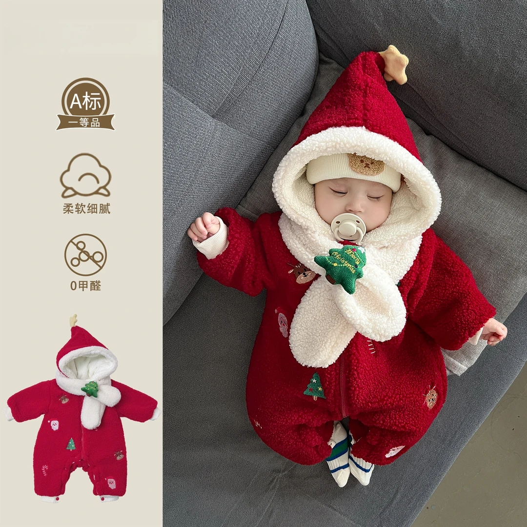 新生儿婴儿衣服圣诞树连体衣冬季装小月龄圣诞节外出穿加绒加厚