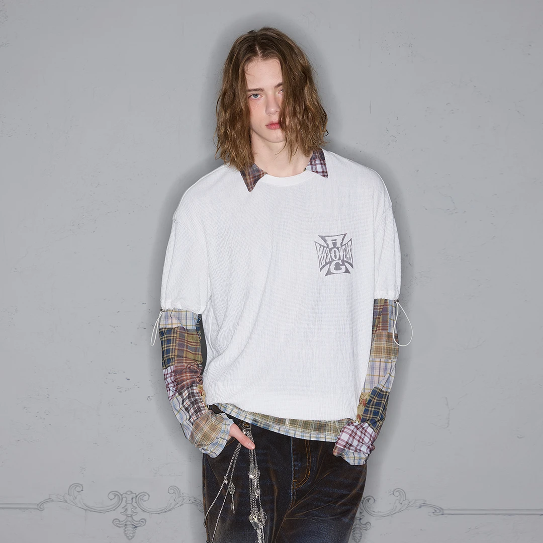 ROCAWEAR 拼接格纹褶皱肌理印花假两件长袖T恤