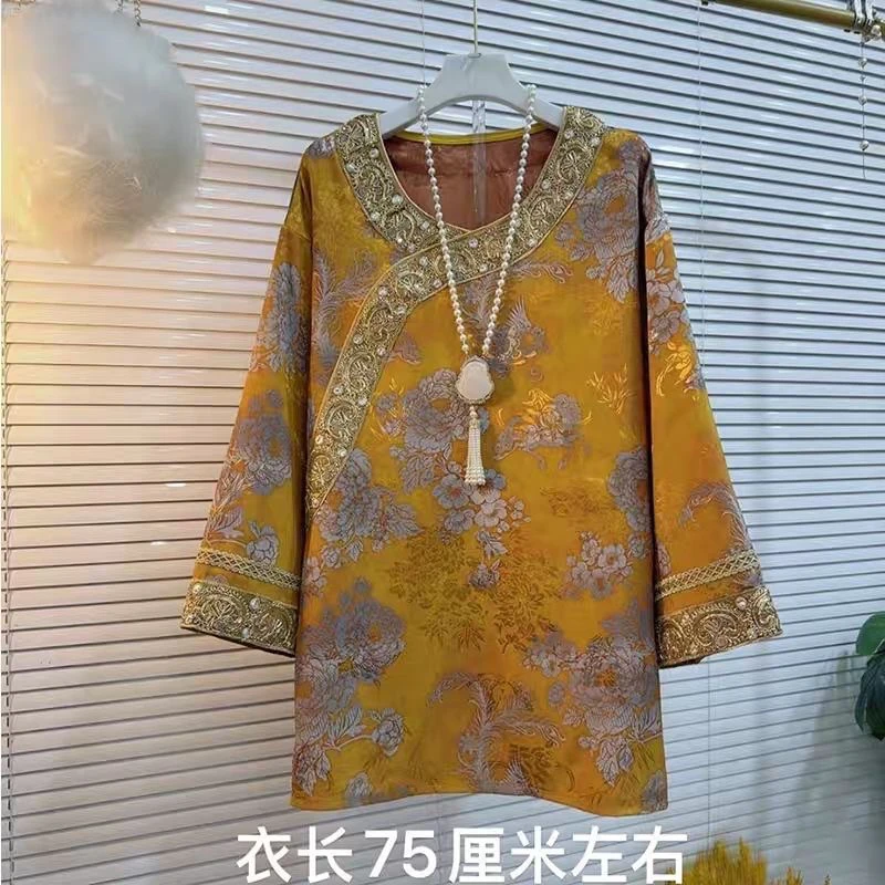 胖MM2025早秋时尚新款复古花图案新中式大码打底衫秋季轻奢新款