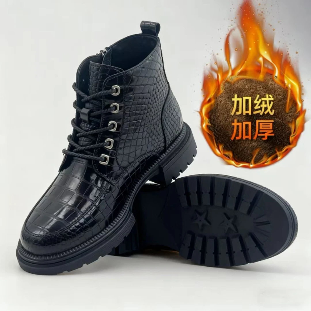 鳄鱼皮黑色轻便百搭英伦风系带时尚休闲马丁靴