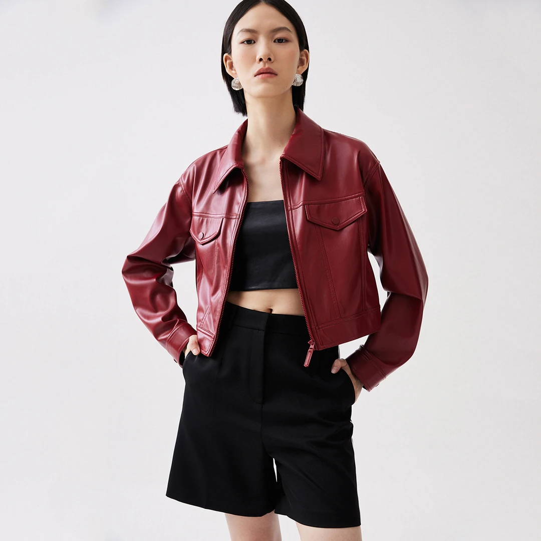 Vero Moda外套商场同款新品PU短款长袖直筒翻领纯色时尚325117011