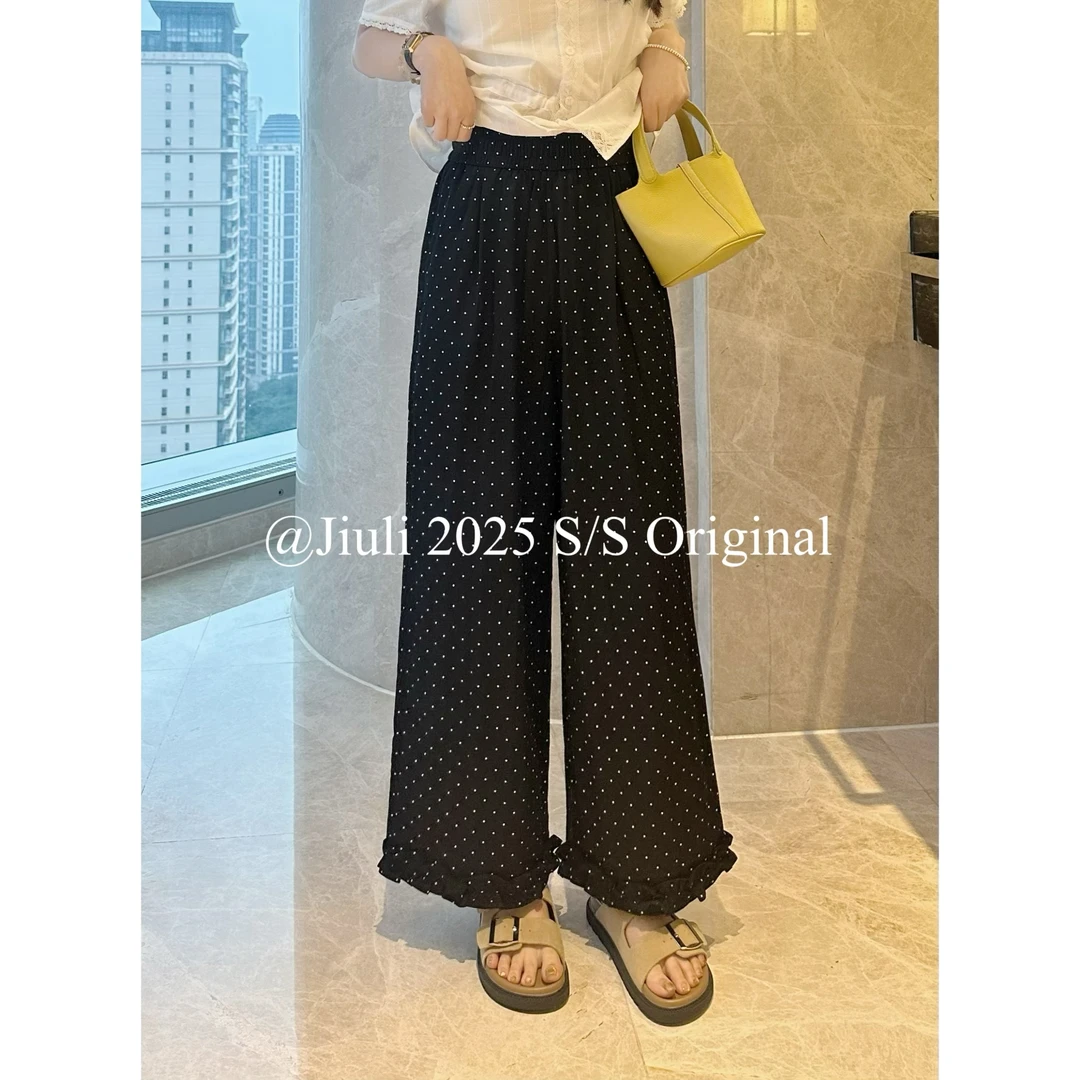 九莉【花边波点裤】夏季复古小波点直筒花边九分休闲裤