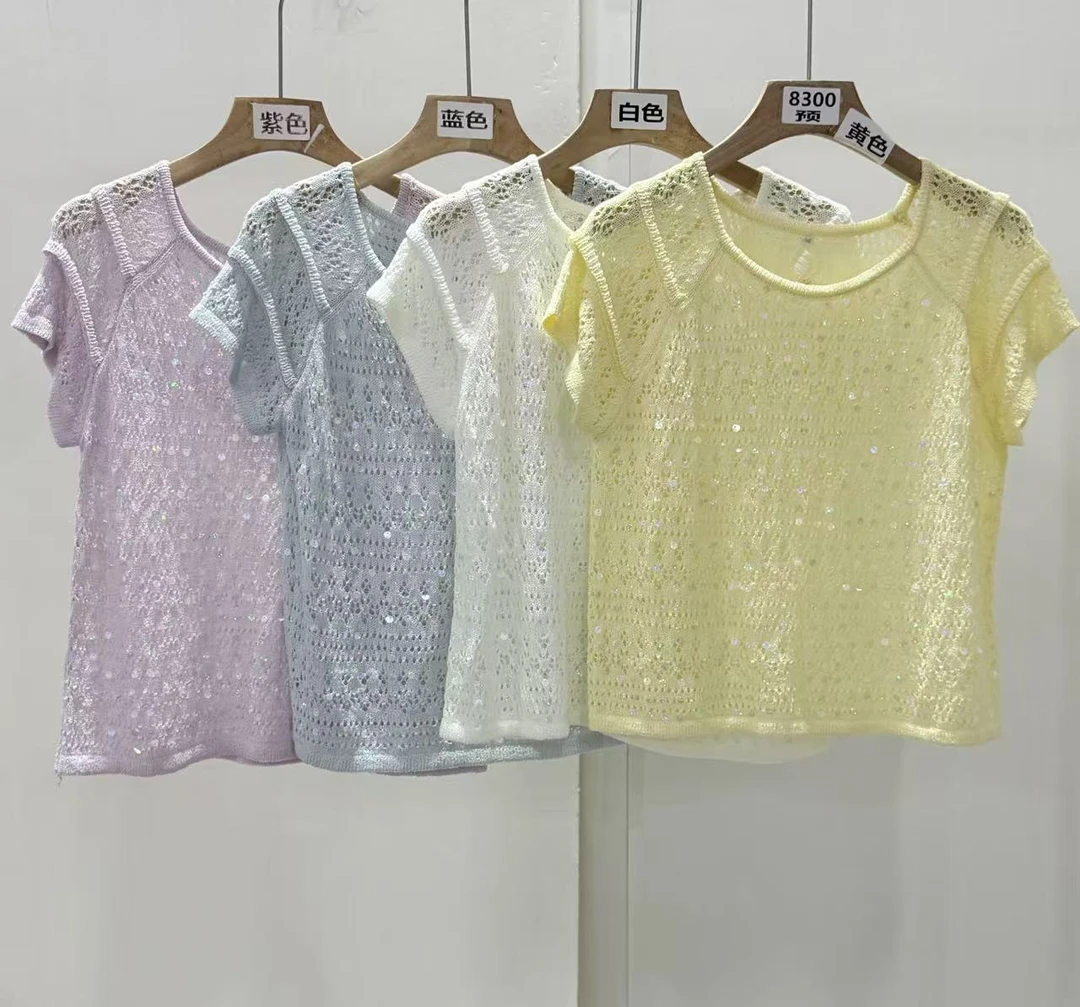 8300号8137#韩系百搭闪闪亮片镂空针织短袖上衣（预）